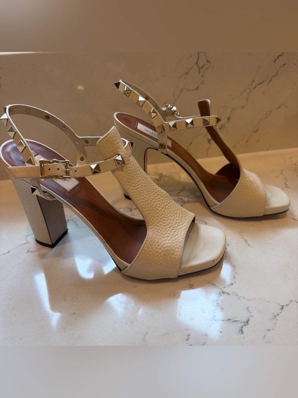 Valentino Cream Studded Block Heel Sandals